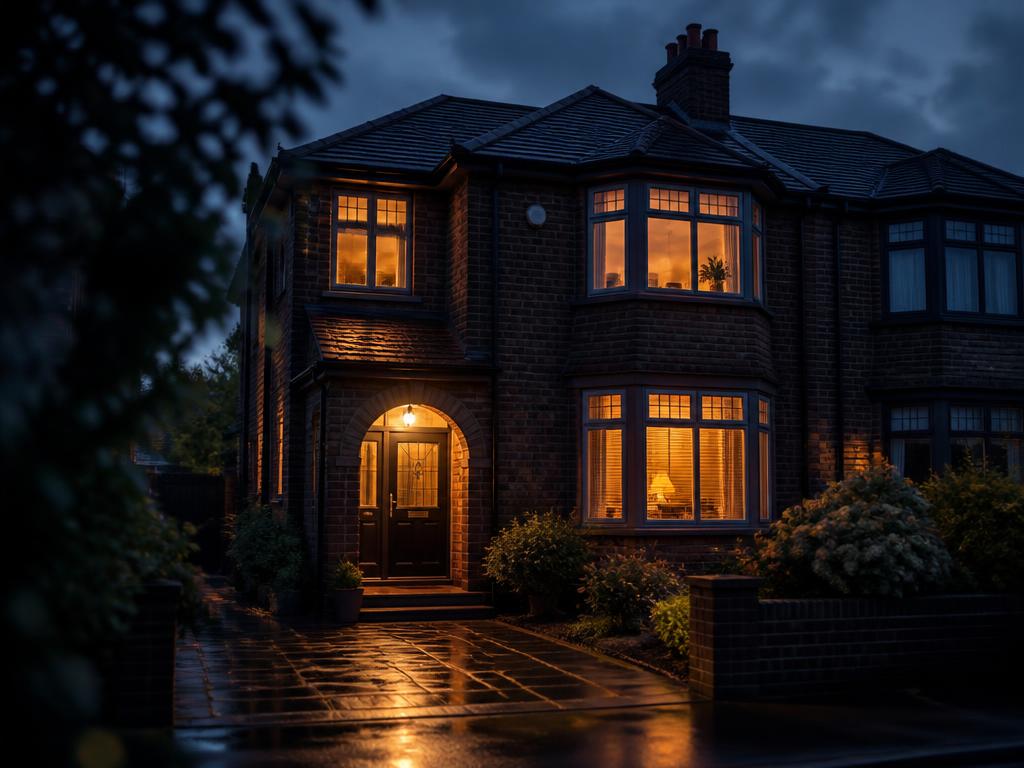 Evening exterior of a let residential property with lit windows